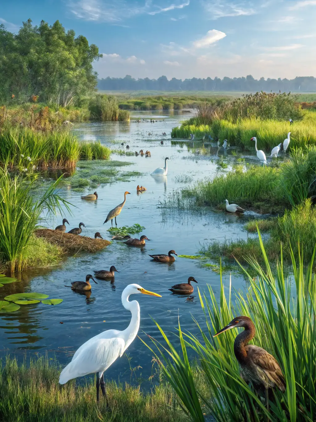 A scenic shot of a protected wetland area, showcasing the diverse plant and animal life that thrives in the habitat. The image highlights the importance of wetland conservation for maintaining biodiversity and water quality.