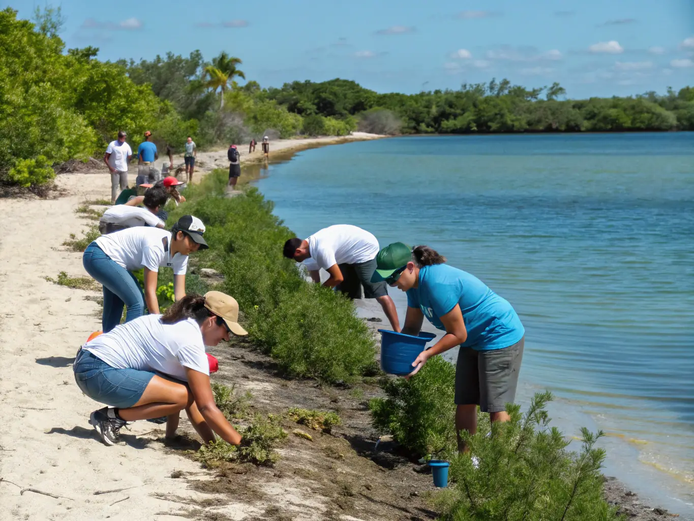 A vibrant image of volunteers planting native vegetation along a riverbank to restore the habitat, showcasing community involvement in conservation efforts.