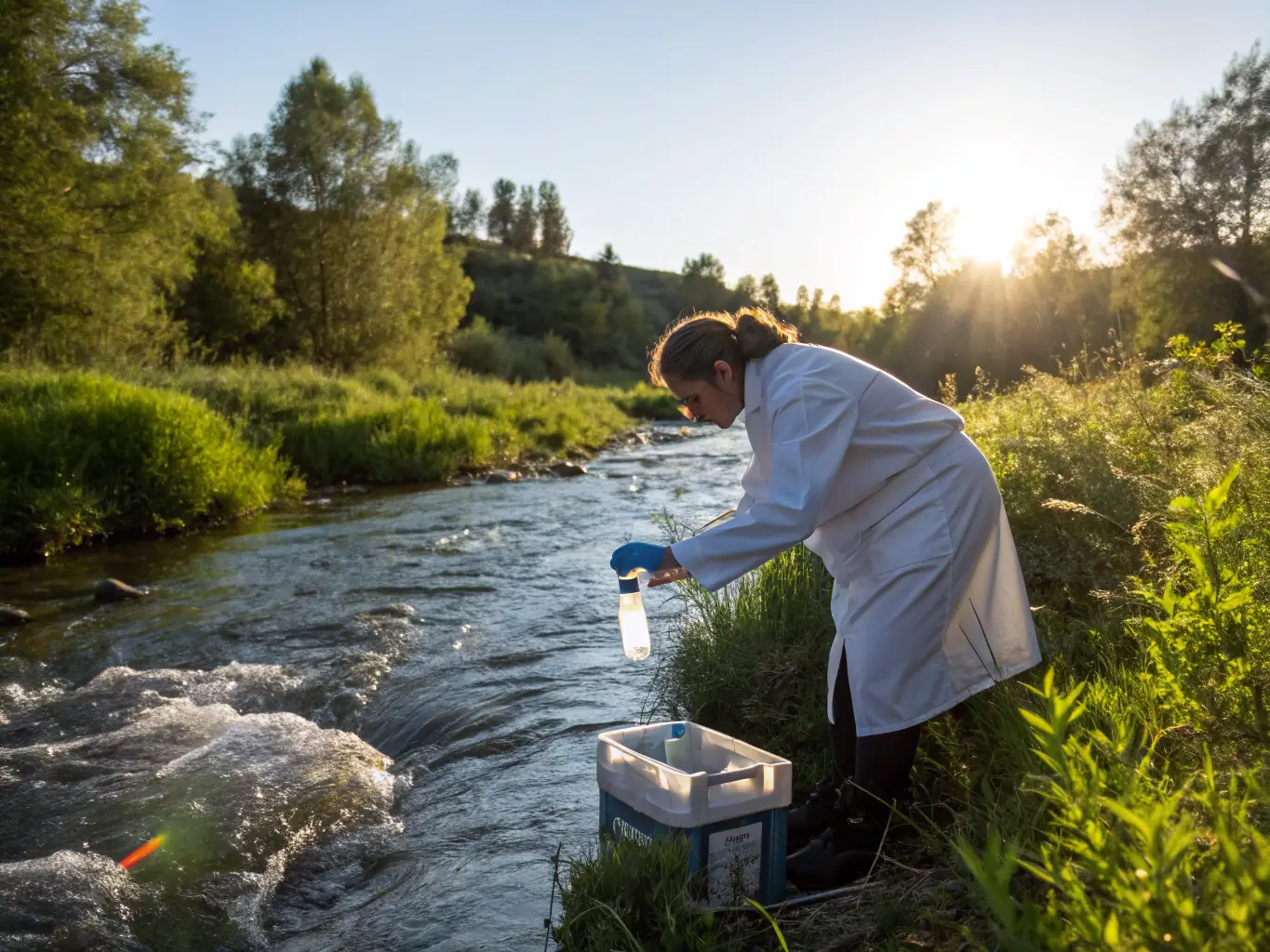 A close-up photograph of researchers monitoring fish populations in a local stream, emphasizing the importance of scientific data in conservation.