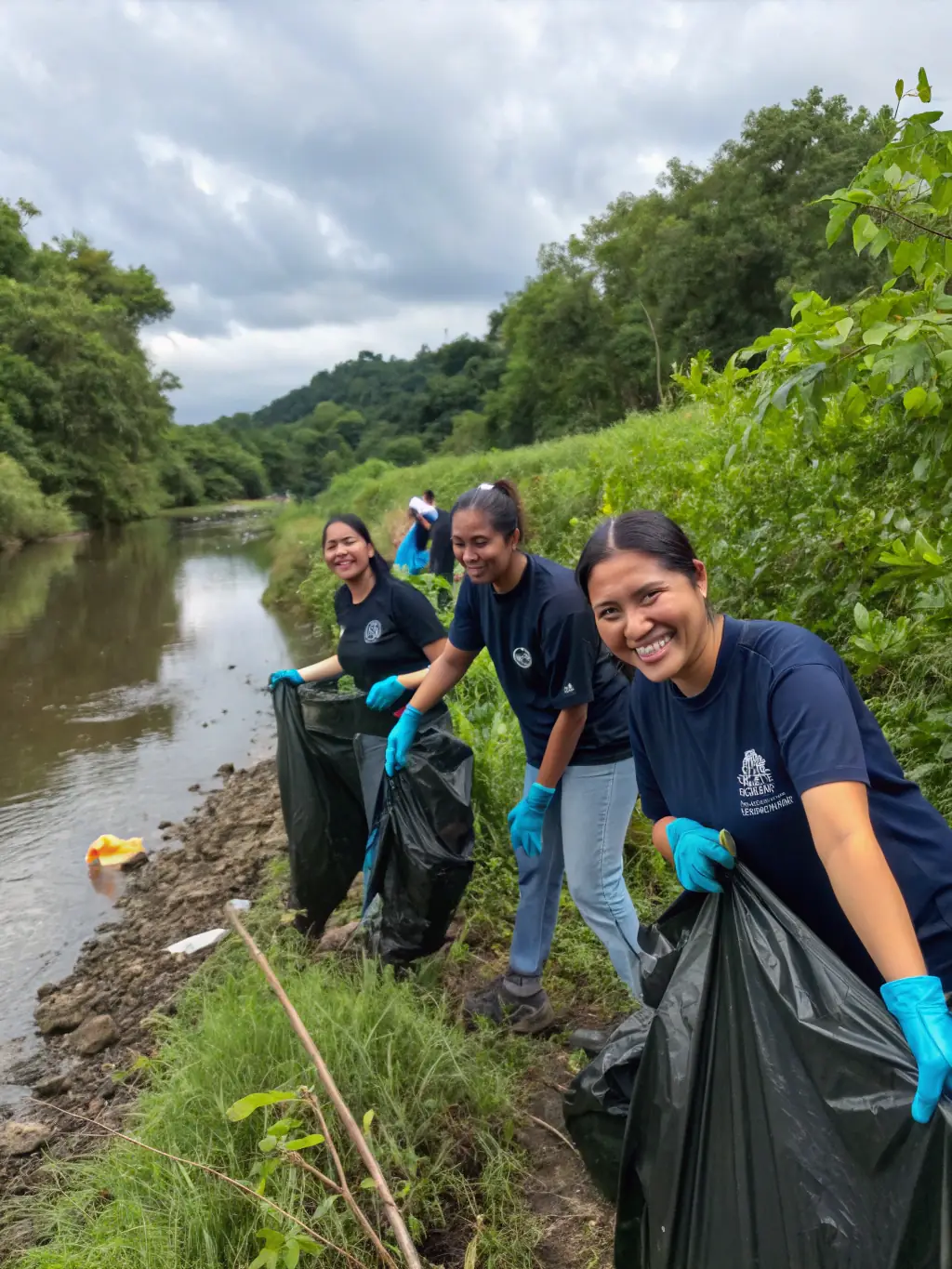 A photograph of members actively participating in a river cleanup, showcasing community involvement and environmental stewardship.