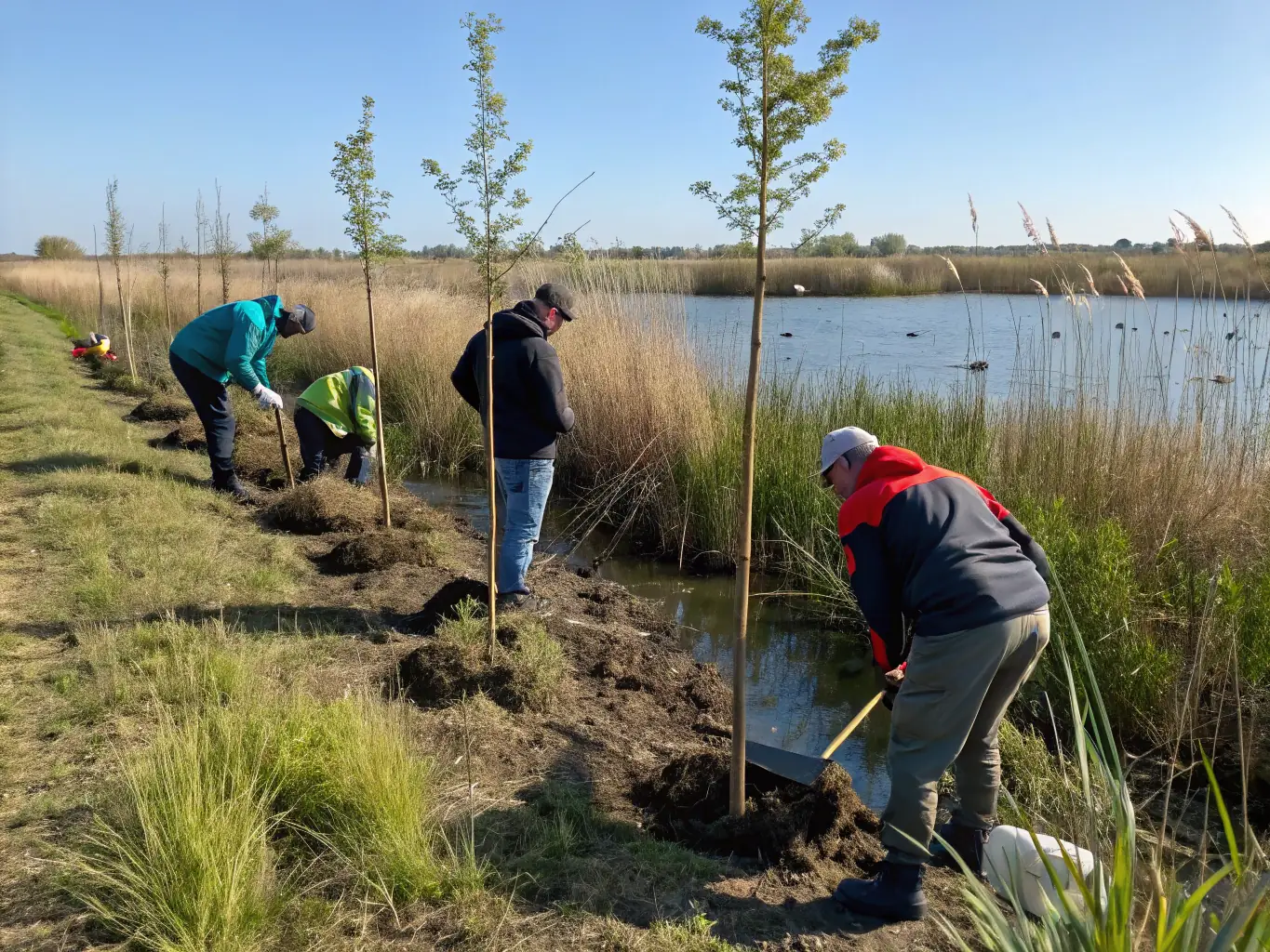 A vibrant image showcasing volunteers planting native vegetation along a riverbank, illustrating a habitat restoration project.