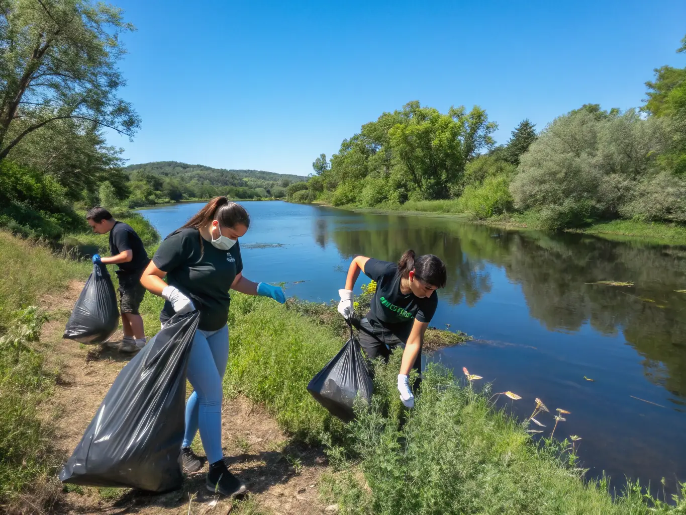 A photograph of a group of children participating in a stream cleanup event, highlighting the organization's commitment to environmental education and community engagement.