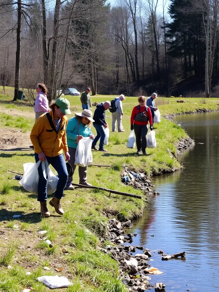 A photograph capturing a group of volunteers participating in a river cleanup, removing debris and restoring the natural beauty of the waterway. The volunteers are wearing gloves and using nets to collect trash, showcasing their commitment to environmental conservation.