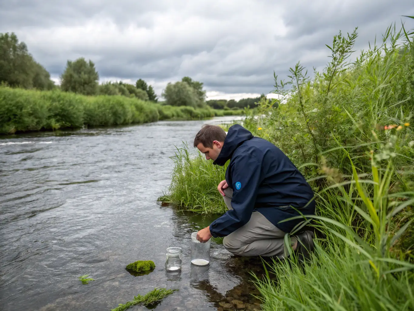 A clear photo of researchers collecting water samples from a local river, highlighting the organization's commitment to environmental monitoring.
