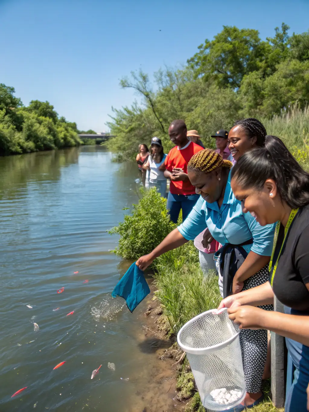 A photo of a group of children releasing juvenile fish into a river as part of a restocking program. The children are smiling and appear excited, highlighting the educational and conservation aspects of the activity.