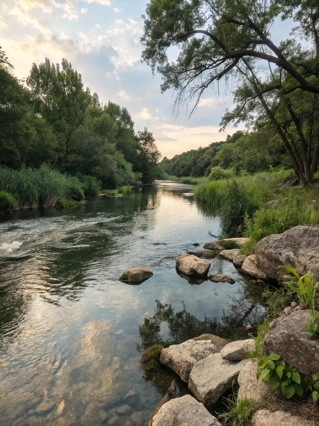 An image of a healthy river ecosystem teeming with fish and diverse aquatic life, symbolizing the positive impact of conservation efforts.